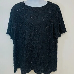 Beaded Blouse Top  Woman 26W Black Formal Mesh Lined Short Sleeve Scallop Hem